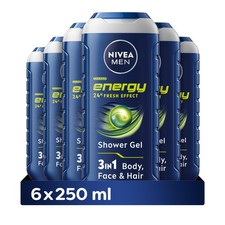 Energy Shower Gel Pack of 6 (6 x 250 ml) Moisturising 3 in 1 Body Wash for Men 6.47 per litre