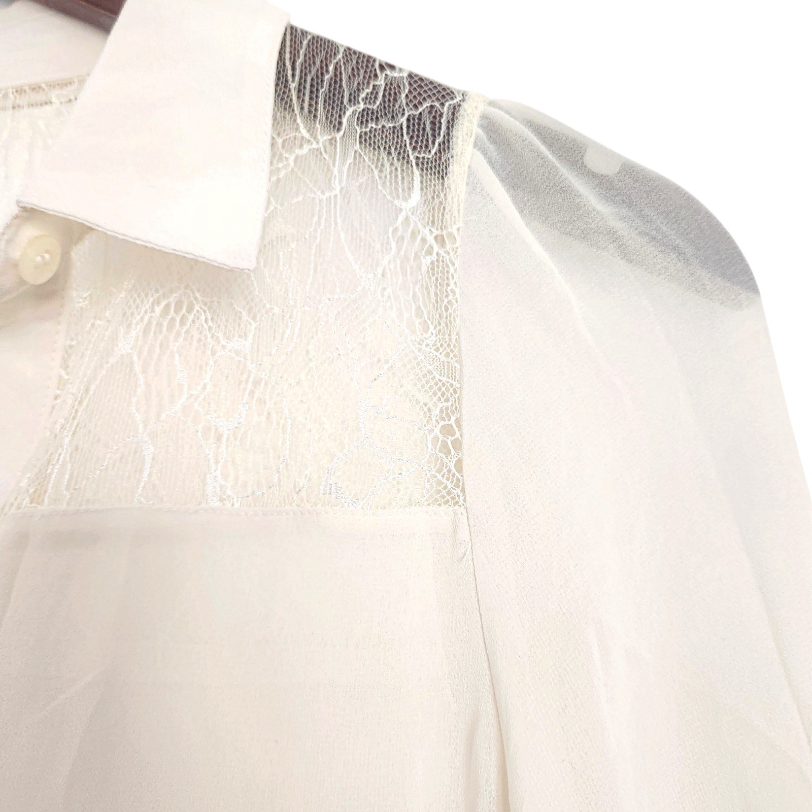 Cream off white patchwork lace insertion blouse s… - image 4