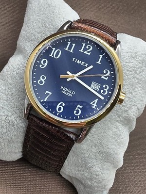 Gent's Timex Easy Read Blue Dial Indiglo 38mm 2 Tone Watch NOS Gen Lizard Band