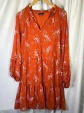 VINCE CAMUTO PULLOVER TIERED MINI DRESS! BEAUTIFUL DETAIL Orange Floral EUC XL