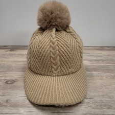 Cable Knit Hat Cap Fitted Womens One Size Beige Pom Pom Fleece Lined Winter