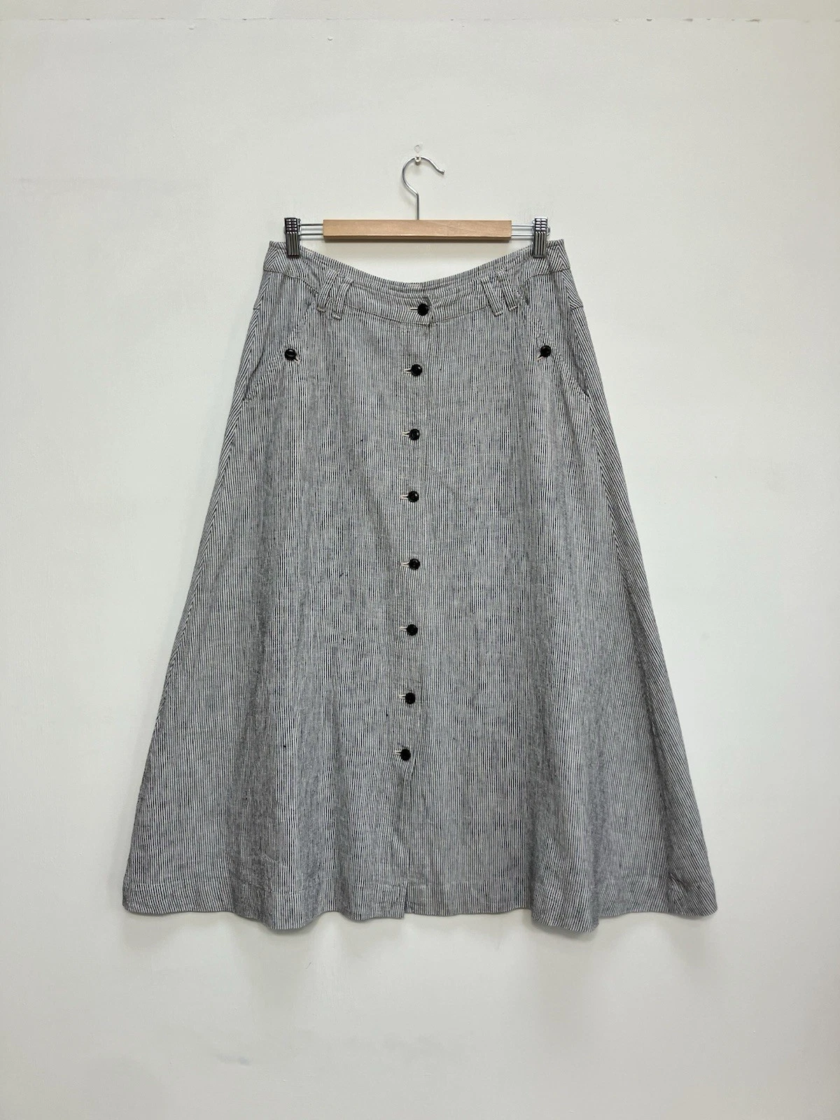 Poetry Long 100% Linen Skirt Size UK 14 Grey White Stripe Pockets A Line Button