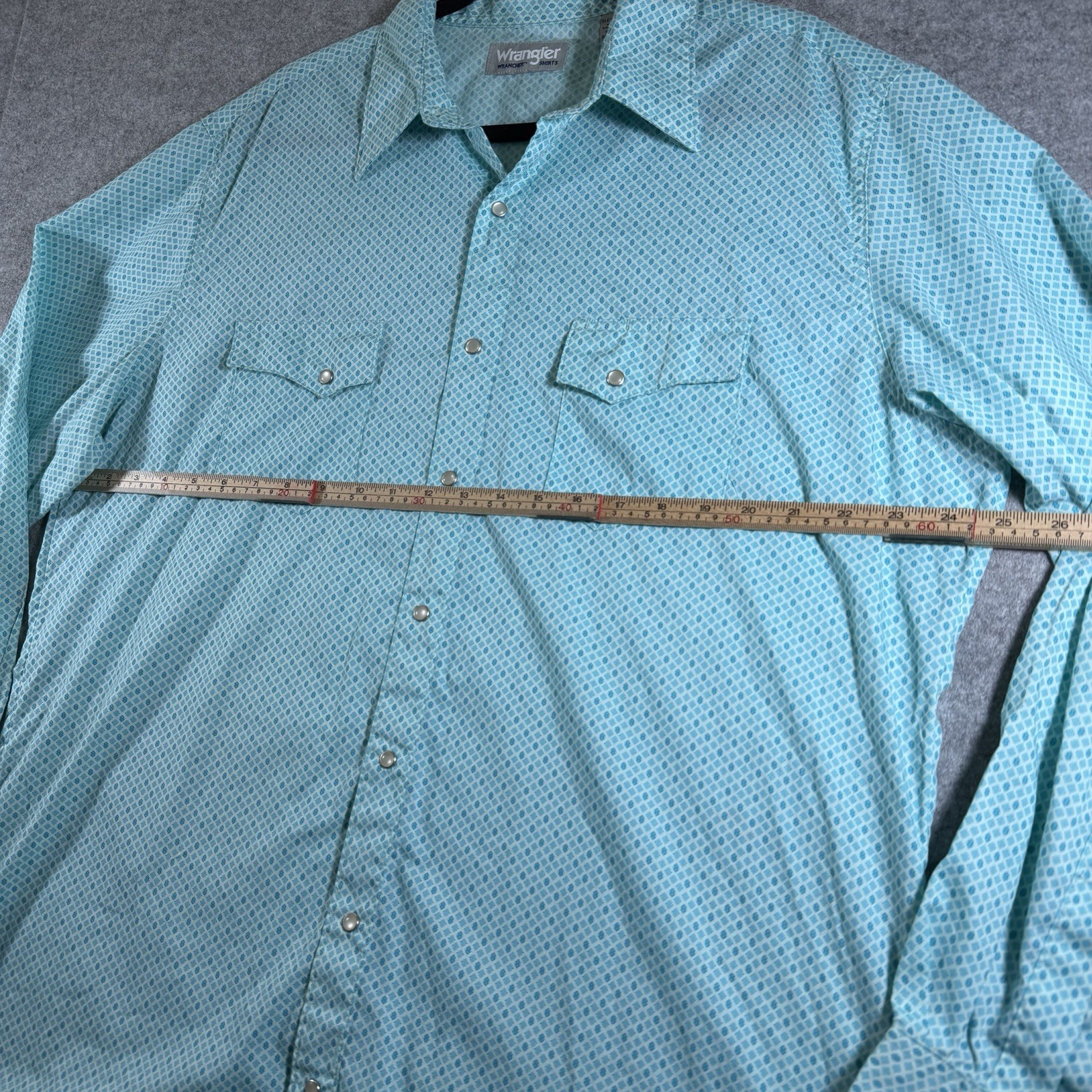 Wrangler Wrancher Pearl Snap Shirt Mens XL Tall Teal Geo Rodeo Western Cowboy thumbnail 3