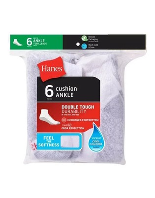 Hanes 6 Pack Premium Men's Cushion Socks, Ankle, White, Shoe Size 6-12