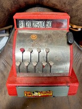 VINTAGE TOY 7 1/2" HIGH TOM THUMB RED METAL CASH REGISTER working order