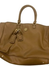 Tory Burch Brown Pebbled Satchel Double Handles Zip Closure Gold HW Charm