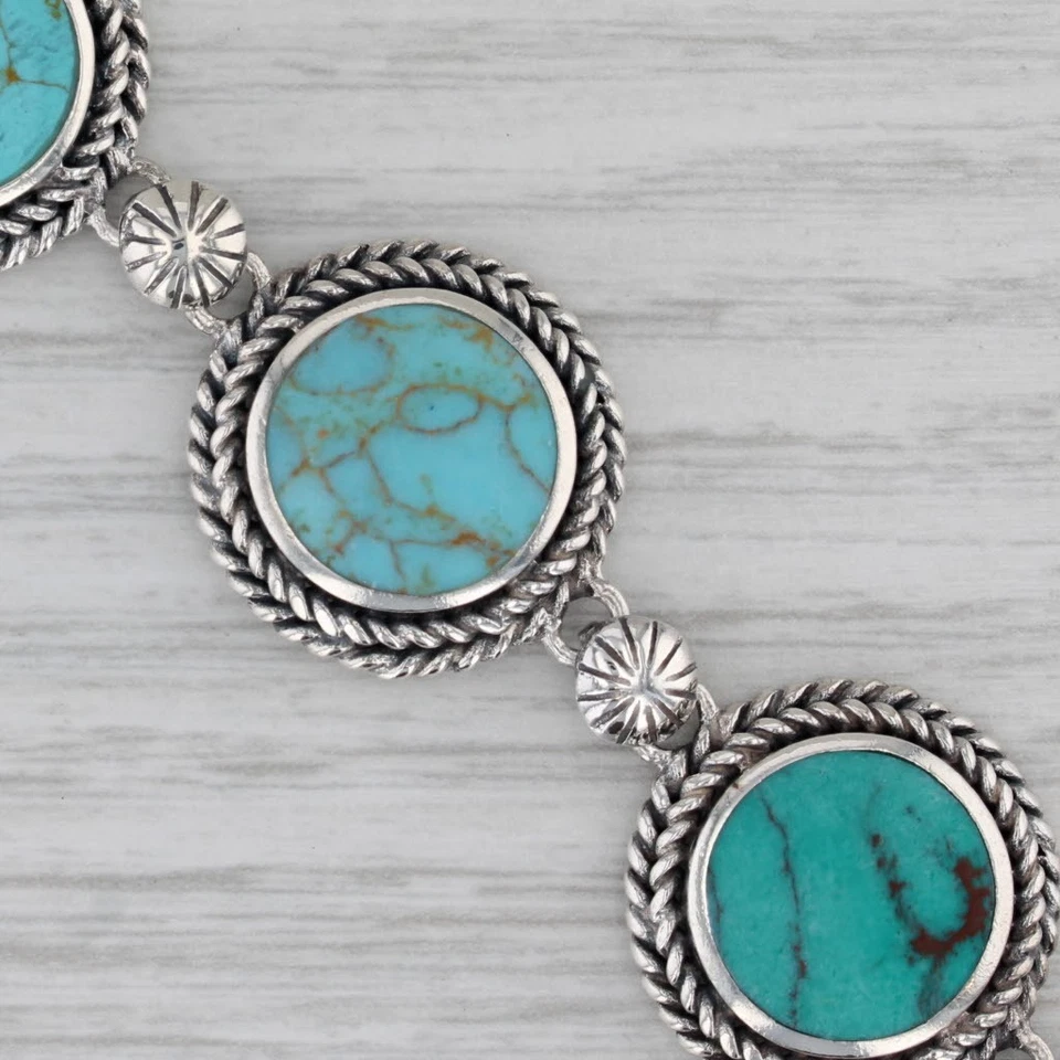 Simulated Turquoise Cabochon Link Bracelet Sterling Silver 7" Artisan Signed CFJ - Image 2 of 4