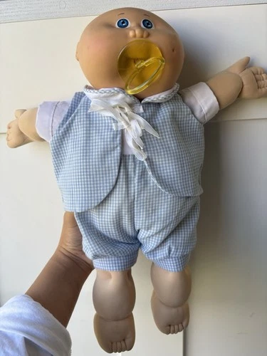 Vintage Cabbage Patch Kids Baby Boy  Doll Bald Pacifier Gingham Pattern Clothes