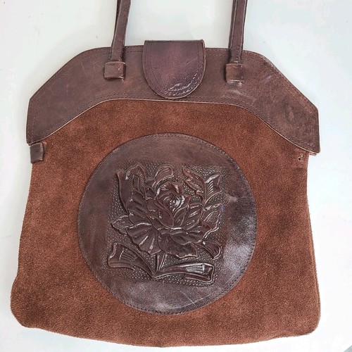 Genuine Leather suede Purse Handmade w tooled Rose Patch Boho Western - Picture 2 of 16