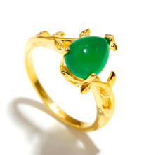 Natural Green Onyx Pear Leaf Ring 925 Sterling Silver Gold Fill Jewelry For Her