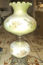 Vintage Glass gwtw Lamp Hand Painted flowers hurricane milk green light flowers