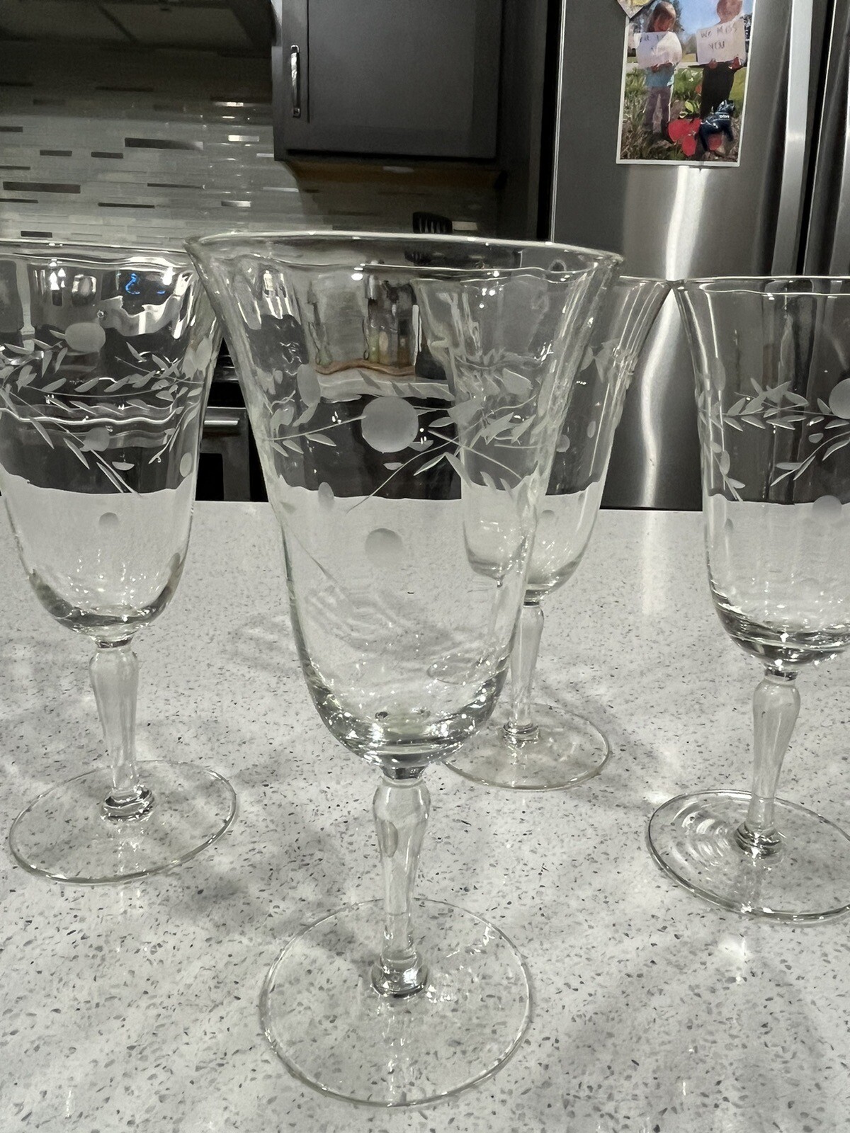 4 Vintage MidCentury Cordials Glasses Etched Crystal Footed Aperitif