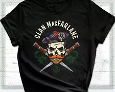 Scottish Clan MacFarlane Surname Skull Wearing Tam Dirks Tartan Badge