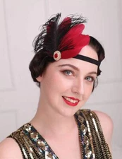 1920s Feather Headband Black Red Feather Flapper Headpiece with Elastic Head ...