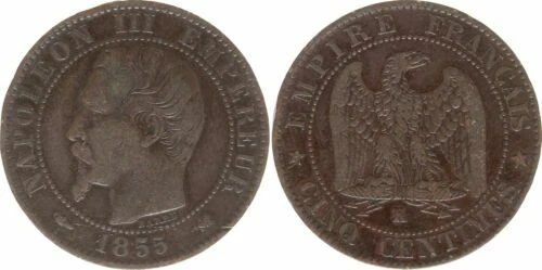 Pièces de monnaie françaises en bronze pour 5 centimes sur Napoléon III