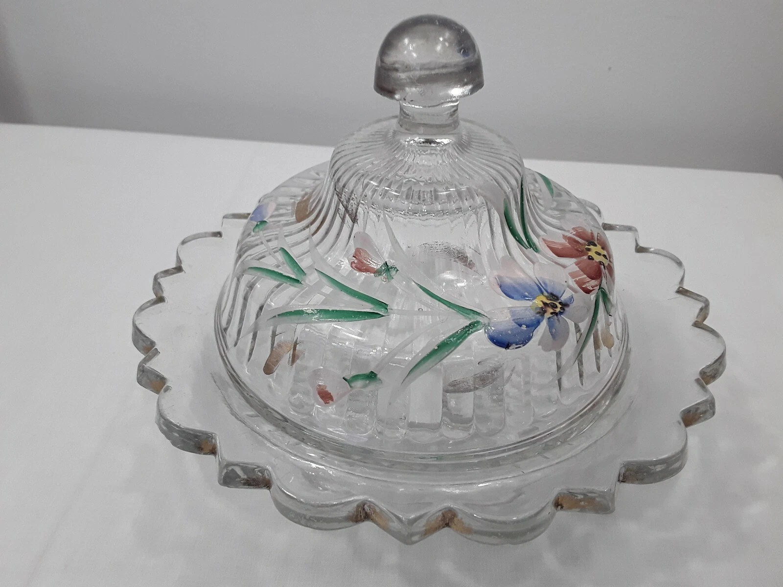 vintage Clear Domed Butterdish Hand Painted Enamel Flowers EAPG