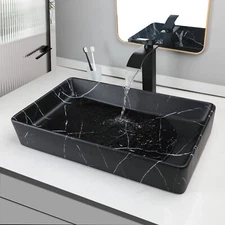 US Rectangle Bathroom Sink Black Ceramic Basin Deck Mount Brass Pop Up Drain Tap