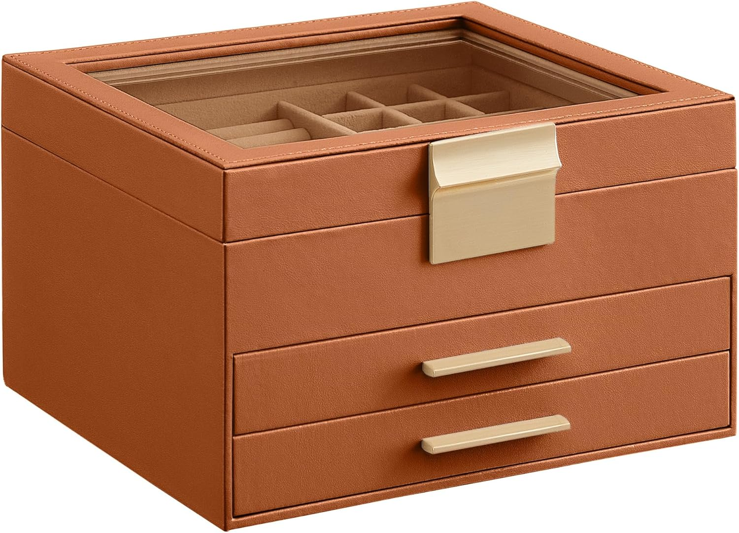 3-Layer Jewelry Organizer Box with Glass Lid and 2 Drawers for Large & Small Items-image