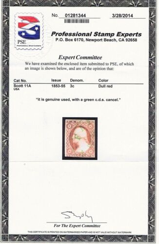 US 11A GEBRAUCHT 3c WASHINGTON, 1853-1855, GRÜN PTL CDS CCL, PSE-ZERTIFIKAT SCHÖN! - Bild 2 von 2