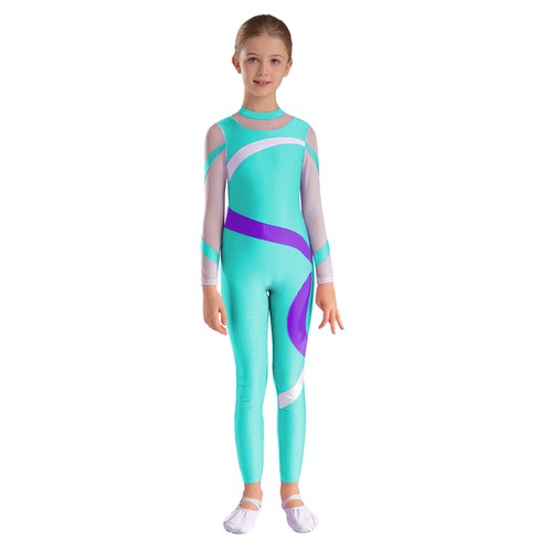 Kids Girls Dancewear Cycling Bodysuit Dance Jumpsuit Sheer Mesh Dance Unitard - Picture 21 of 51