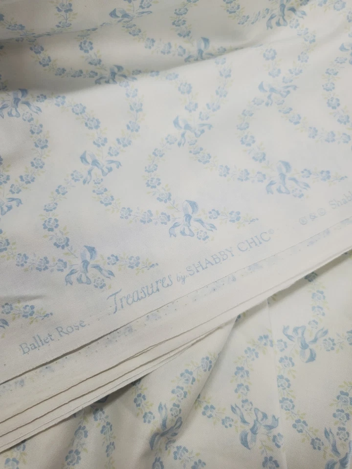 Shabby Chic Fabric Ballet Rose Treasure Blue Floral Ribbon Cotton ONE YARD  - Image 2 of 2