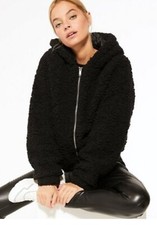 Women's Teddy Bear Black Hooded Jacket Zip Up Coat Warm Overcoat Outwear NWOT Sm