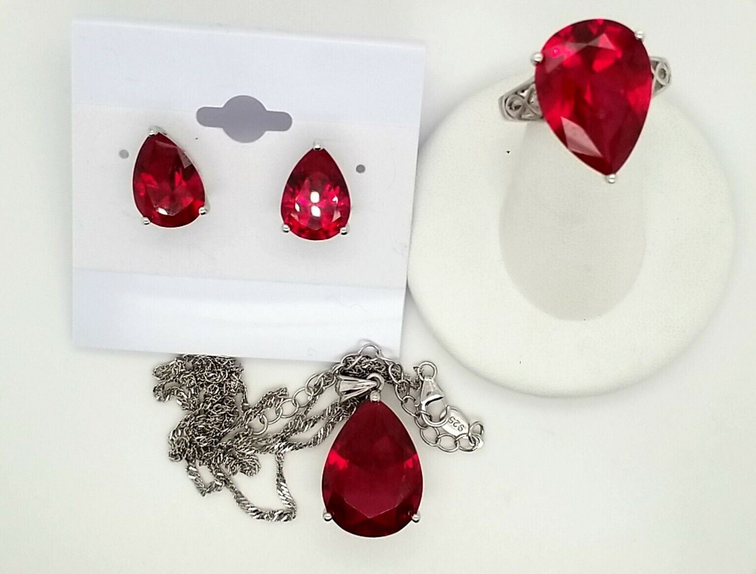 .925 Silver Created Pear Shaped Ruby Ring, Neckla… - image 1