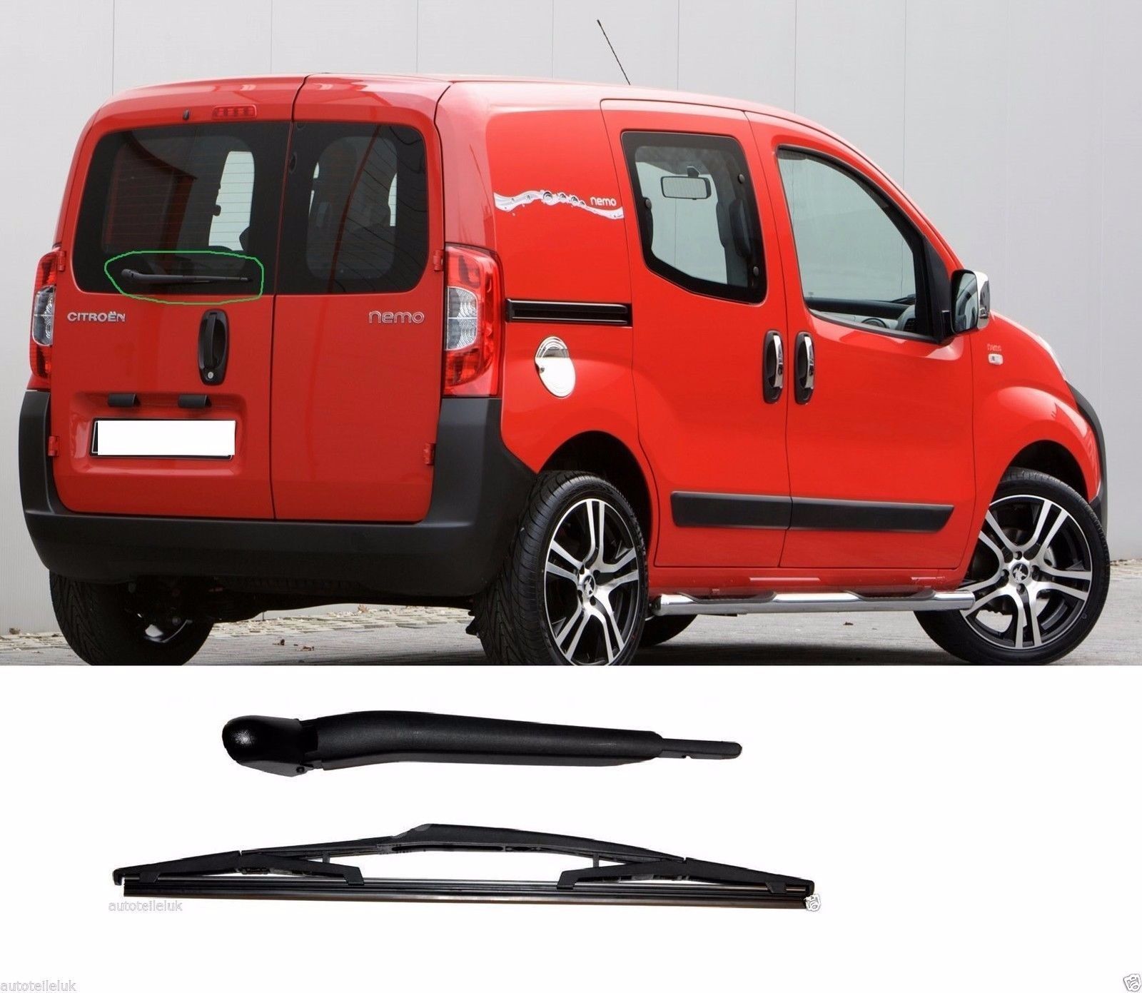 Bras essuie-glace arrière Citroen Nemo et Fiat Qubo 2007-2017 en acier noir pour 2 portes