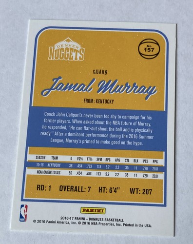 2016 17 Donruss Jamal Murray Rookie Card 157 RC Dever Nuggets NBA Hard 