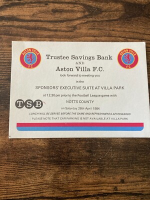 Aston Villa v Notts County 1984 1983/84 Executive Suite Ticket