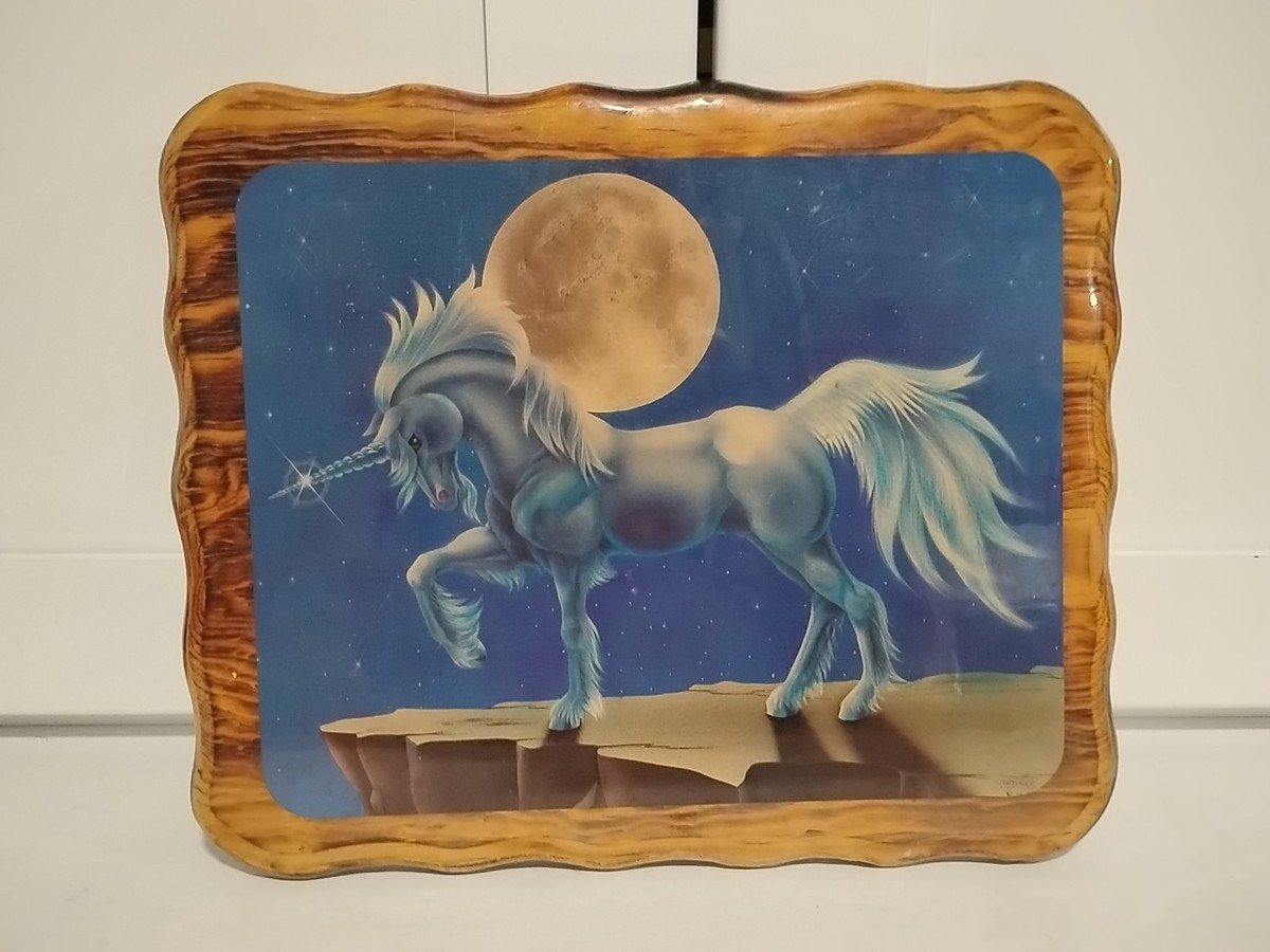 Rare Vintage 80s Sue Dawe Unicorn Art Print Wood Lacquer Plaque
