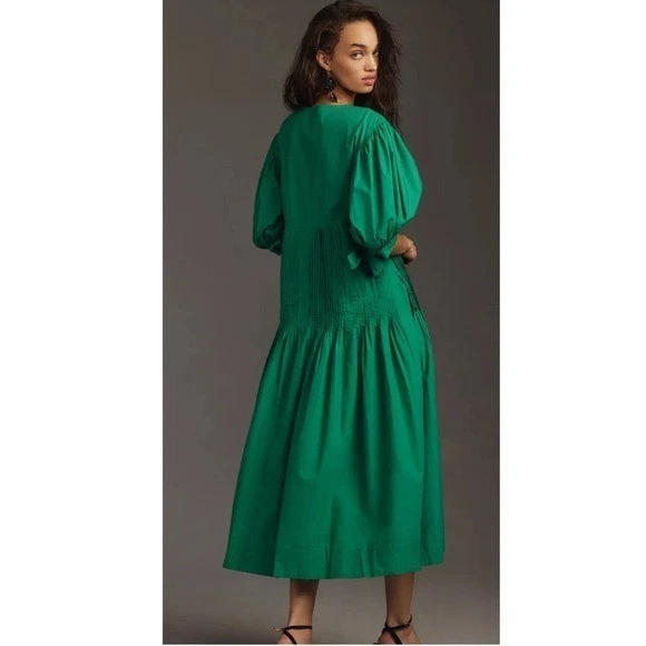 Anthropologie Maeve Pintuck Tie-Sleeve V-Neck Drop Waist Midi Dress Green Medium - Image 2 of 4