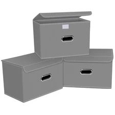 Linen Fabric Foldable Collapsible Storage Cube Bin Organizer Basket with Lid