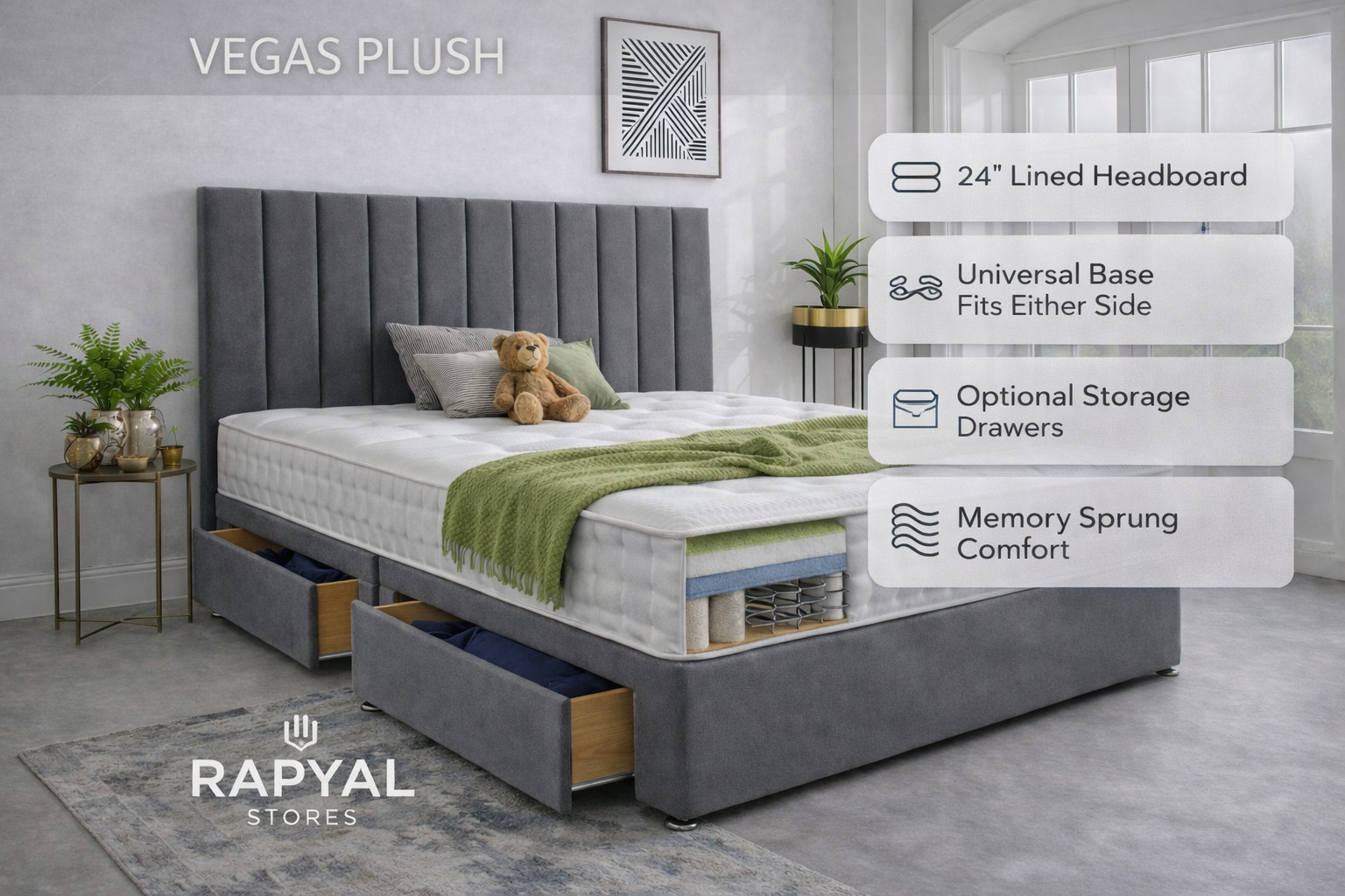 LUXURY PLUSH DIVAN BED SET + MEMORY FOAM MATTRESS & HEADBOARD 3FT 4FT 4FT6 5FT