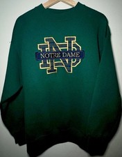VTG 90s Notre Dame Crewneck Large Green Tartan Logo Crable Made In USA