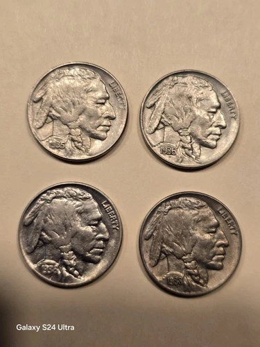Lot of four AU/UNCIRCULATED BUFFALO NICKELS 1935 P, two 1936 P, and a 1938 D.