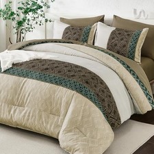 Brown Size Comforter Set,Striped Bed in a Bag Boho 7 Pieces Soft King Khaki