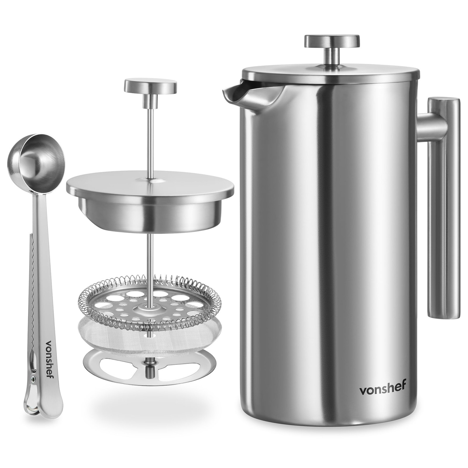 VonShef 12 Cup Cafetiere, 1.5L Double Walled Stainless Steel French Press wit...