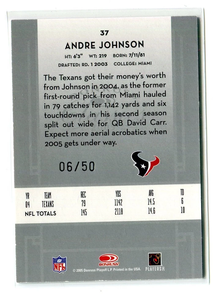 2005 Donruss Classics Andre Johnson Timeless Tributes Parallel 06/50 Texans - Image 2 of 2