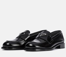 1170 NIB, PRADA BRUSHED BLACK LEATHER SHINY LOGO LOAFERS SZ 41.5 10 10.5