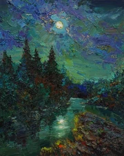 Nocturnal landscape Original painting IMPRESSIONISM Oil on panel by A Onipchenko