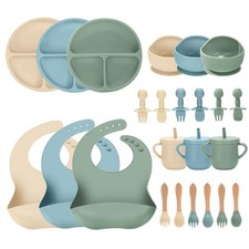 24 PCS Silicone Baby Feeding Set - Suction Bowls, Divided Plates, Bib, Spoons, F
