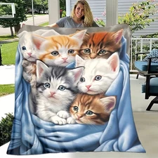 Cat Print Throw Flannel Blanket - Cozy Fantasy Theme 6 Kittens Warm Blanket