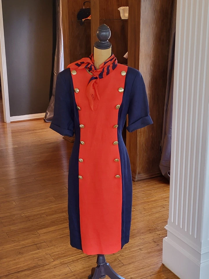 Vestido largo medio azul marino/rojo de lino de los años 80 talla 14 Foto 2 de 4