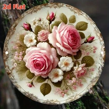 2D Flat,1pc Elegant Floral Wall Decor Plate - Pink Roses & White Flowers W/Green