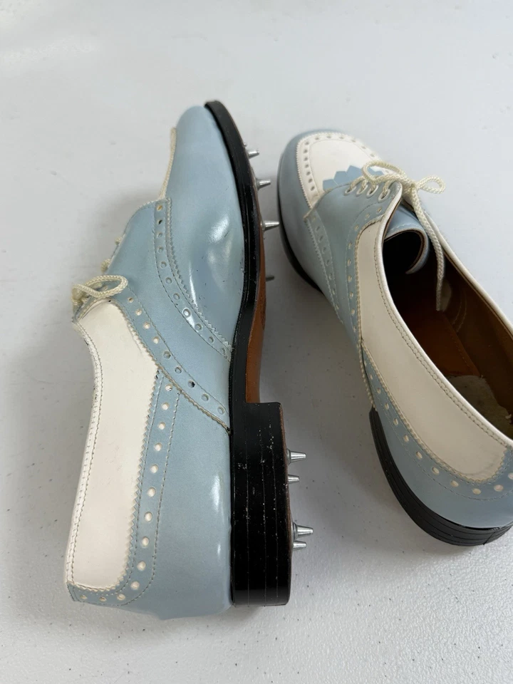 Vintage Golf Shoes Women Size 9 1/2 M Blue White Oxford Kiltie Spikes - Image 4 of 4