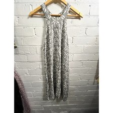 Skemo Grey White Leaf Print Sleeveless Rayon Midi Dress Boho Holiday Summer