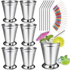 6 Sets Mint Julep Cups Silver with Straws 12 oz Stainless Steel Drinking Cups...