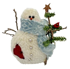 Primitive Snowman Plush Holding Tree & Cardinal Rustic Country Christmas Decor