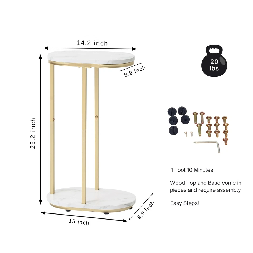 Wooden Marble Side Table, Oval Top with Gold Metal Frame for Ends, Compact Ma... - Image 3 of 4